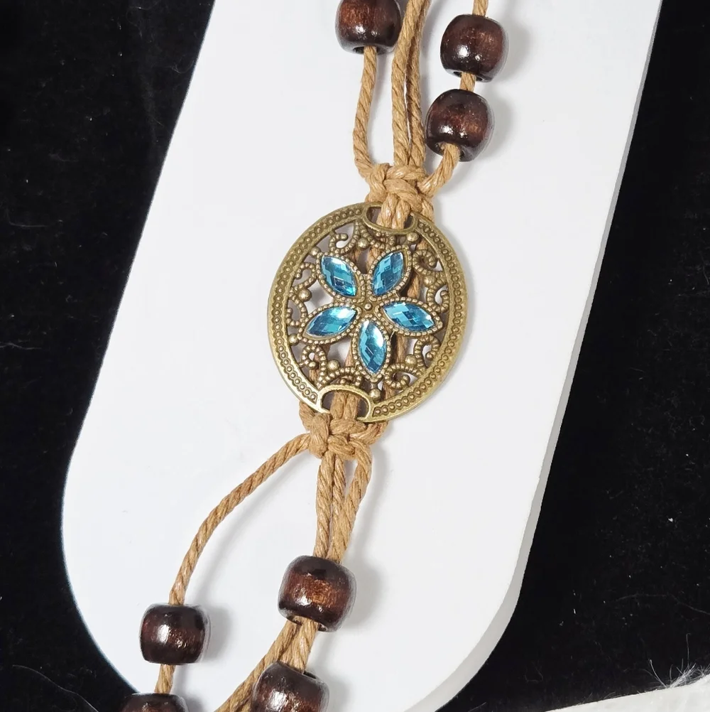 Boho Rope Belt Teal Rhinestone Bronze Floral Medallion Beaded Tie Waist 67